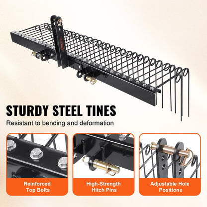 VEVOR Tow Behind Landscape Rake, 1.8m Tow Dethatcher with 32 Steel Tines, Lawn Dethatcher Rake Attaches to Category 1, 3 Point Hitch for Tractor, for Leaves, Pine Needles, Straw, and Grass