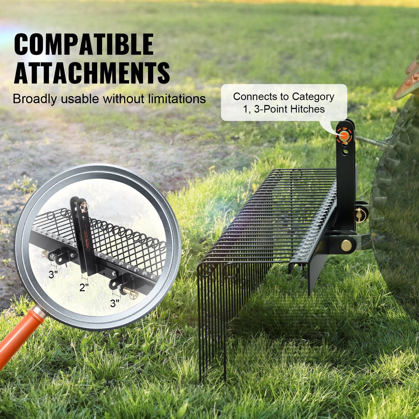 VEVOR Tow Behind Landscape Rake, 1.8m Tow Dethatcher with 32 Steel Tines, Lawn Dethatcher Rake Attaches to Category 1, 3 Point Hitch for Tractor, for Leaves, Pine Needles, Straw, and Grass