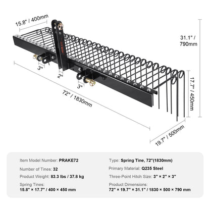 VEVOR Tow Behind Landscape Rake, 1.8m Tow Dethatcher with 32 Steel Tines, Lawn Dethatcher Rake Attaches to Category 1, 3 Point Hitch for Tractor, for Leaves, Pine Needles, Straw, and Grass
