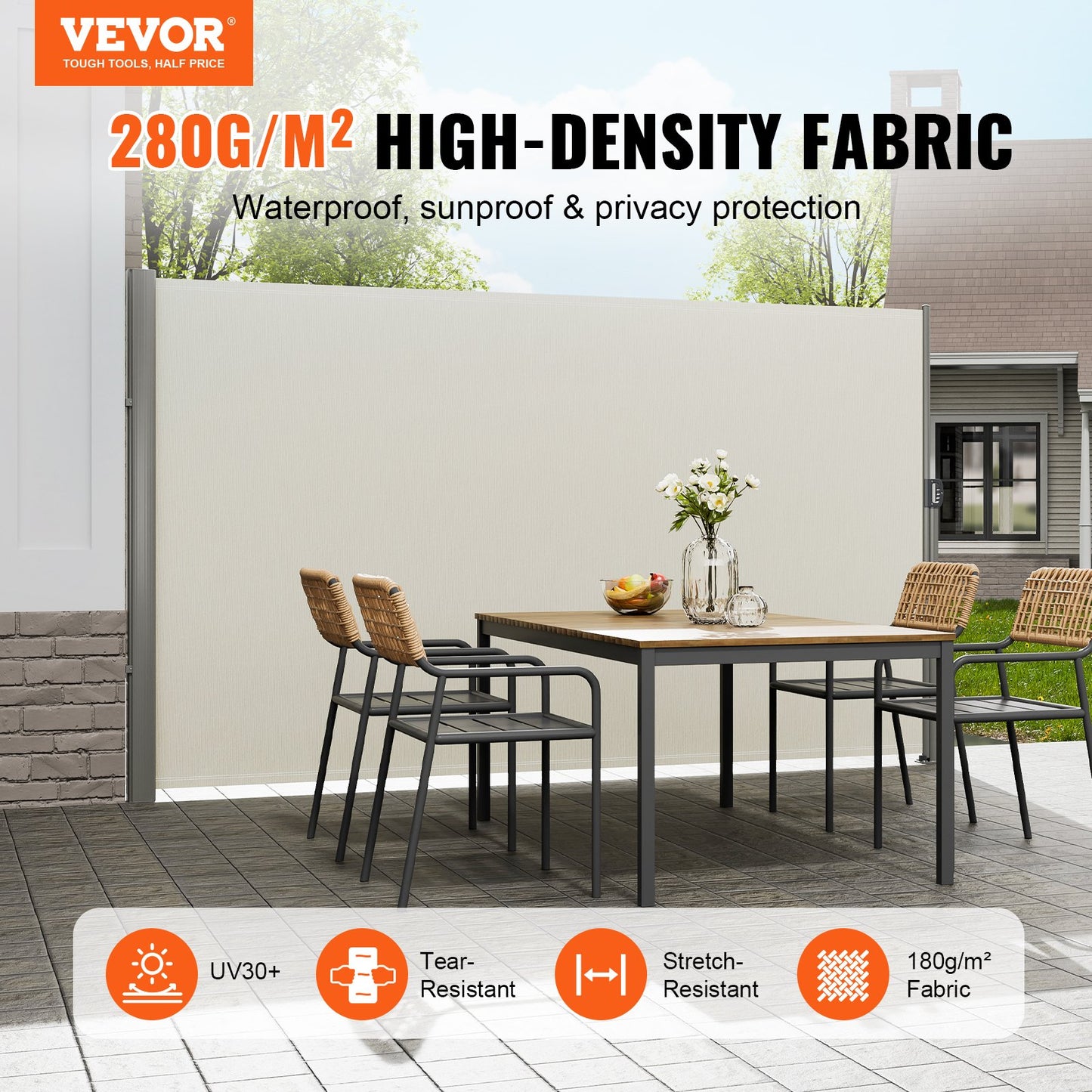 Retractable Side Awning,160X300cm Aluminum Outdoor Privacy Screen, 280g Polyester Water-proof Retractable Patio Screen, UV 30+ Room Divider Wind Screen for Patio, Backyard, Balcony, Beige