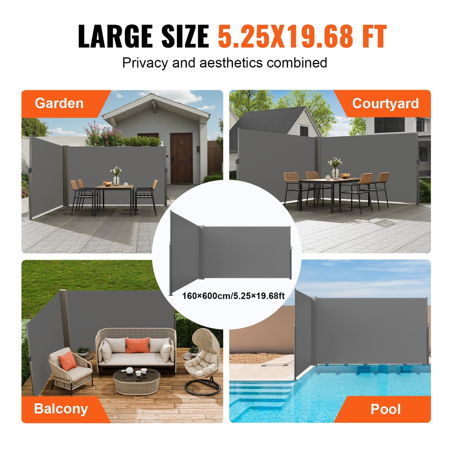 Retractable Side Awning, 160X600cm Aluminum Outdoor Privacy Screen, 280g Polyester Water-proof Retractable Patio Screen, UV 30+ Room Divider Wind Screen for Patio, Backyard, Balcony, Gray