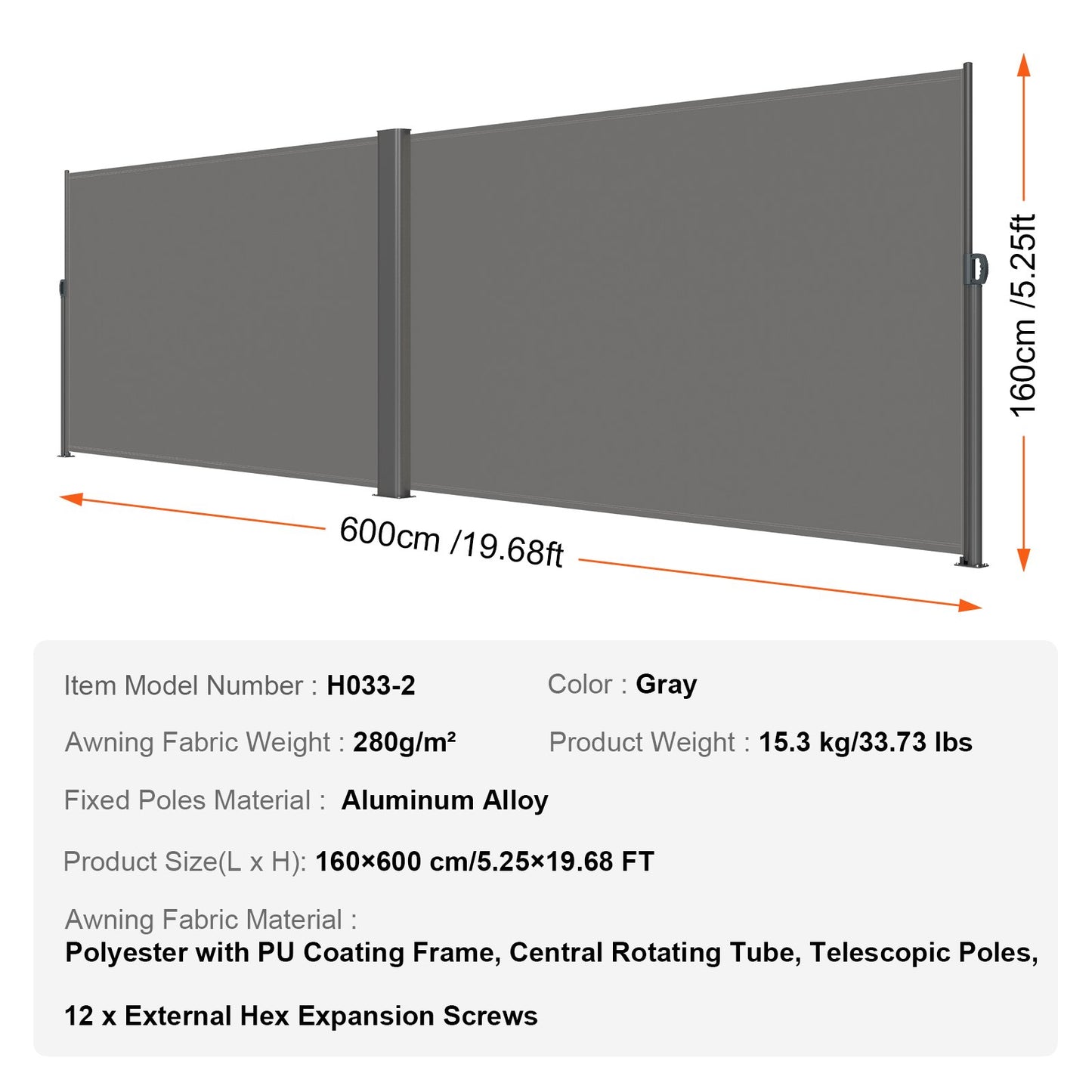 Retractable Side Awning, 160X600cm Aluminum Outdoor Privacy Screen, 280g Polyester Water-proof Retractable Patio Screen, UV 30+ Room Divider Wind Screen for Patio, Backyard, Balcony, Gray