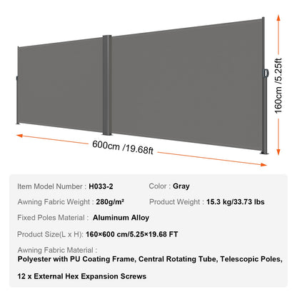 Retractable Side Awning, 160X600cm Aluminum Outdoor Privacy Screen, 280g Polyester Water-proof Retractable Patio Screen, UV 30+ Room Divider Wind Screen for Patio, Backyard, Balcony, Gray