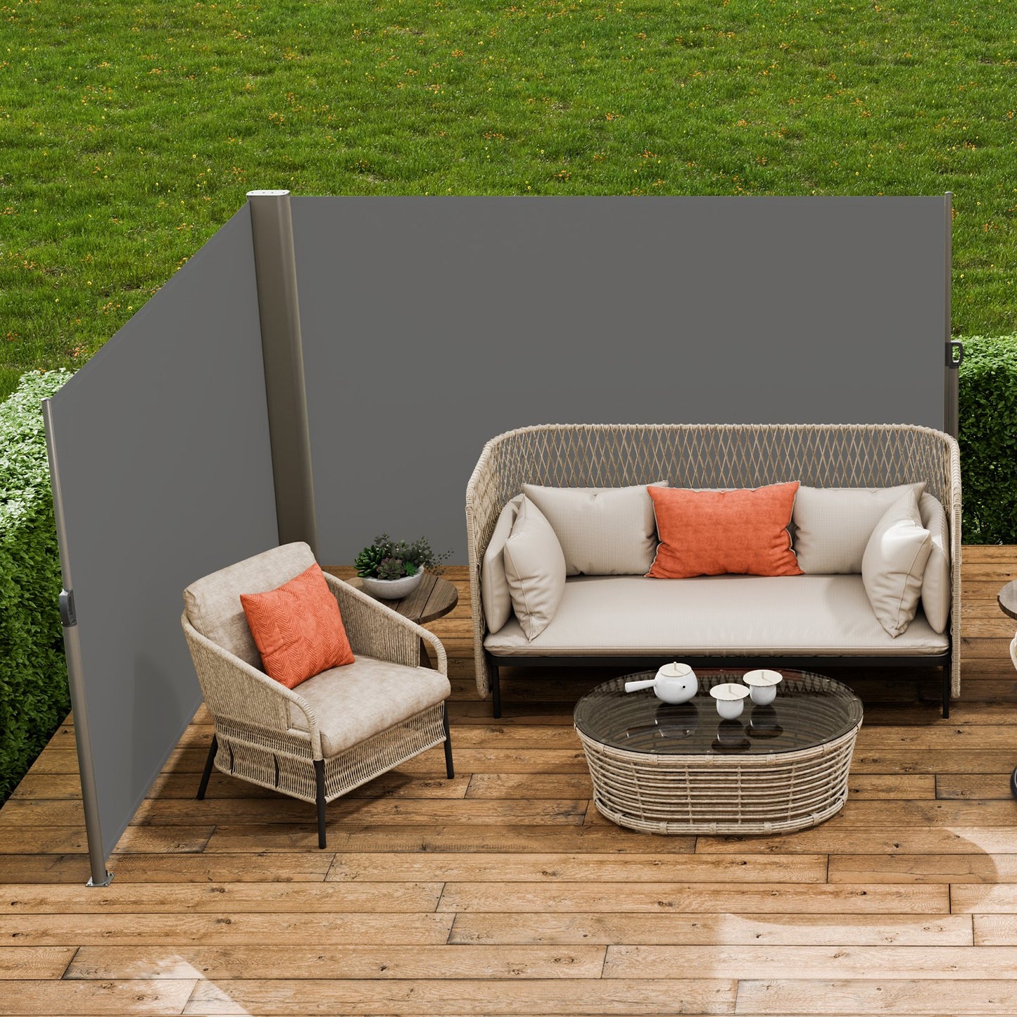 Retractable Side Awning, 160X600cm Aluminum Outdoor Privacy Screen, 280g Polyester Water-proof Retractable Patio Screen, UV 30+ Room Divider Wind Screen for Patio, Backyard, Balcony, Gray