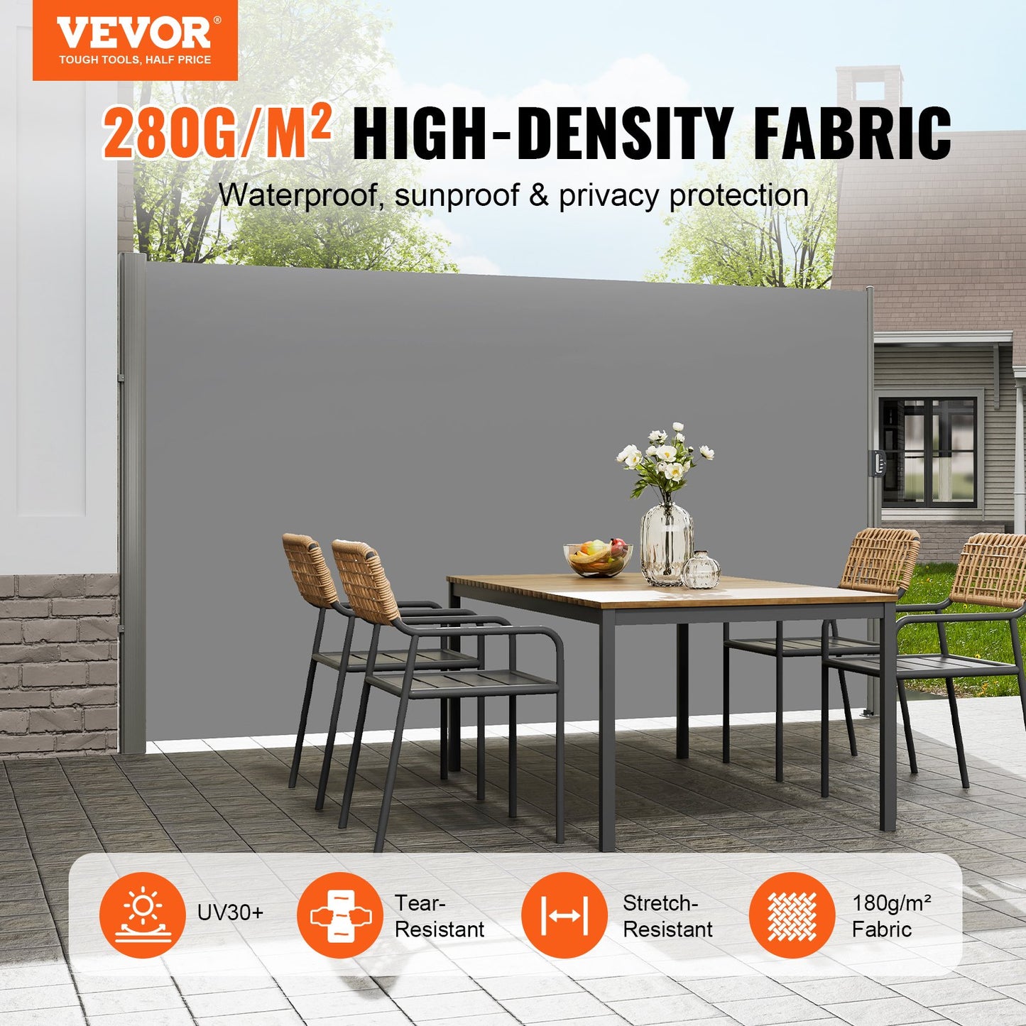 Retractable Side Awning, 180X300cm Aluminum Outdoor Privacy Screen, 280g Polyester Water-proof Retractable Patio Screen, UV 30+ Room Divider Wind Screen for Patio, Backyard, Balcony, Gray