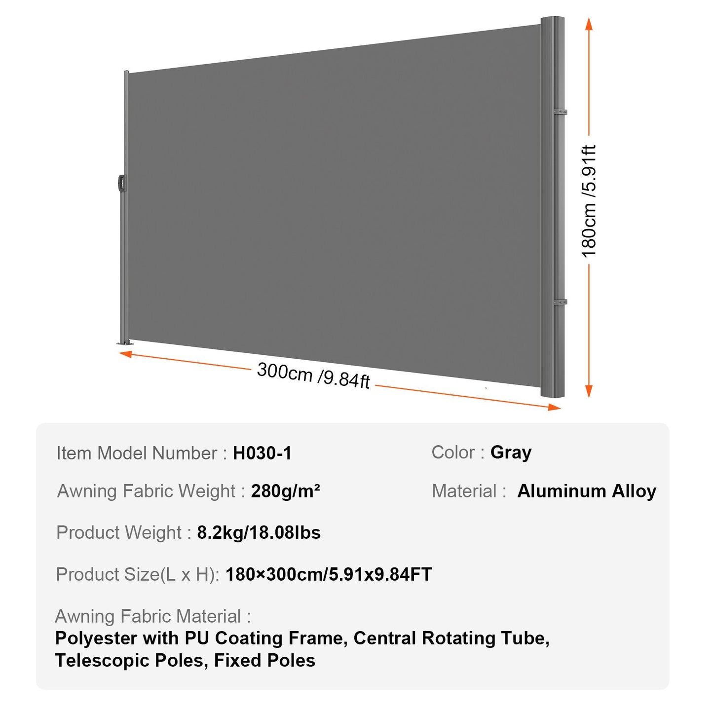 Retractable Side Awning, 180X300cm Aluminum Outdoor Privacy Screen, 280g Polyester Water-proof Retractable Patio Screen, UV 30+ Room Divider Wind Screen for Patio, Backyard, Balcony, Gray