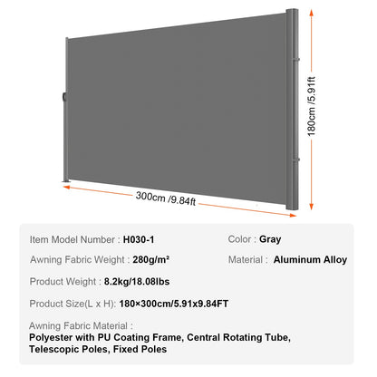Retractable Side Awning, 180X300cm Aluminum Outdoor Privacy Screen, 280g Polyester Water-proof Retractable Patio Screen, UV 30+ Room Divider Wind Screen for Patio, Backyard, Balcony, Gray