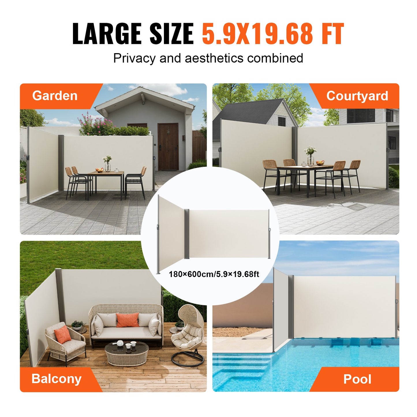 Retractable Side Awning, 180X600cm Aluminum Outdoor Privacy Screen, 280g Polyester Water-proof Retractable Patio Screen, UV 30+ Room Divider Wind Screen for Patio, Backyard, Balcony, Beige