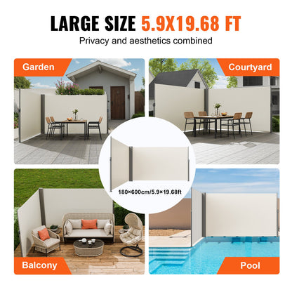 Retractable Side Awning, 180X600cm Aluminum Outdoor Privacy Screen, 280g Polyester Water-proof Retractable Patio Screen, UV 30+ Room Divider Wind Screen for Patio, Backyard, Balcony, Beige