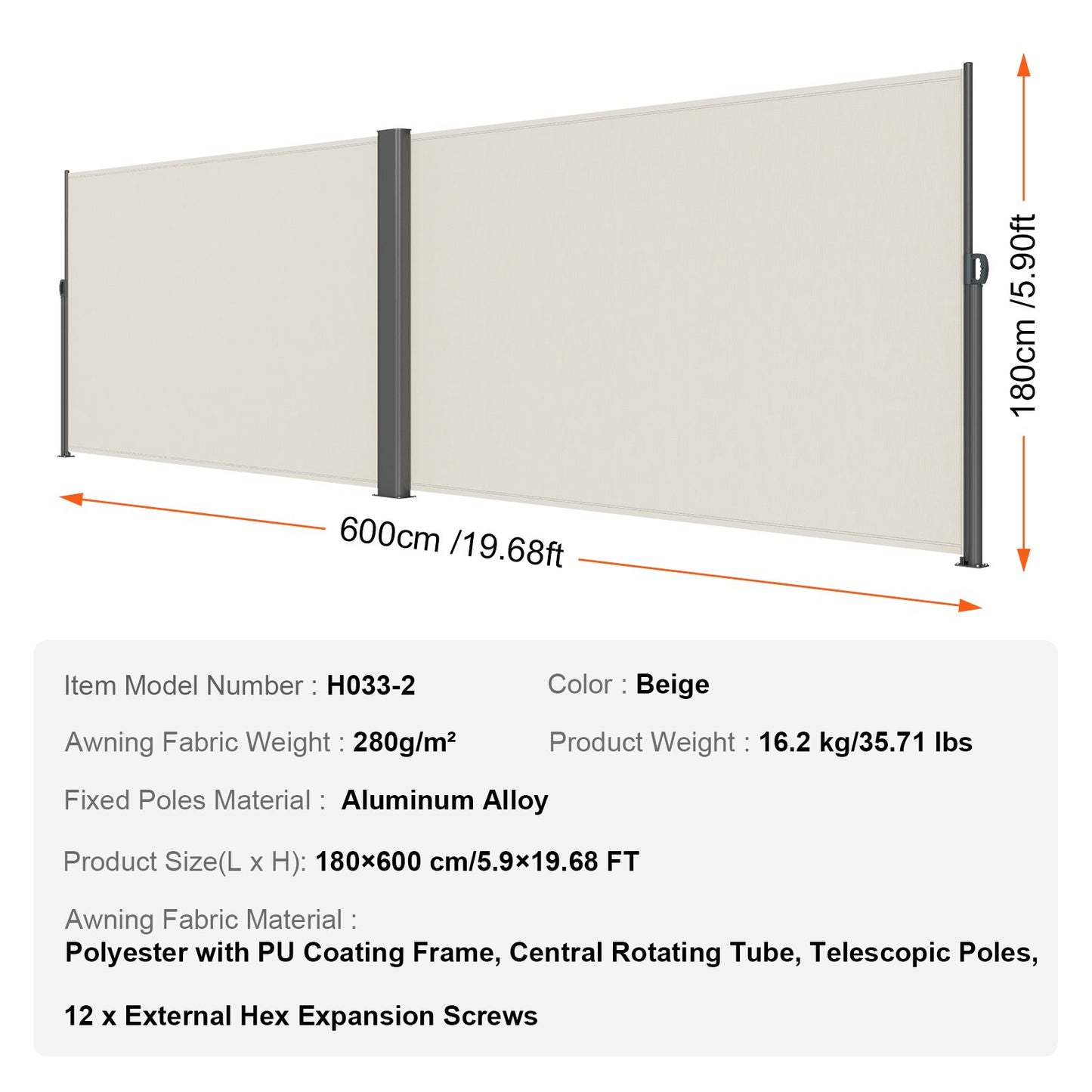 Retractable Side Awning, 180X600cm Aluminum Outdoor Privacy Screen, 280g Polyester Water-proof Retractable Patio Screen, UV 30+ Room Divider Wind Screen for Patio, Backyard, Balcony, Beige