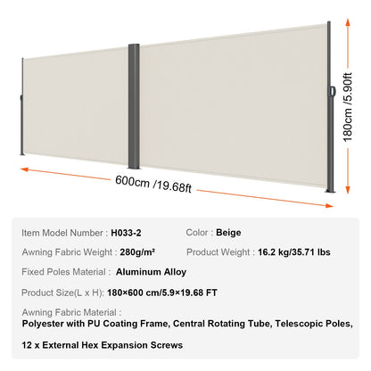 Retractable Side Awning, 180X600cm Aluminum Outdoor Privacy Screen, 280g Polyester Water-proof Retractable Patio Screen, UV 30+ Room Divider Wind Screen for Patio, Backyard, Balcony, Beige