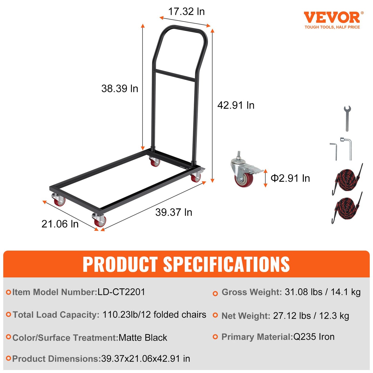 VEVOR Folding Chair Dolly, Iron Commercial Cart with 12 Chairs Capacity, Folding Chairs Rack Trolley with 4 Casters, Storage Transport Dolly for Flat Stacking Plastic Resin and Wood Chairs, Black