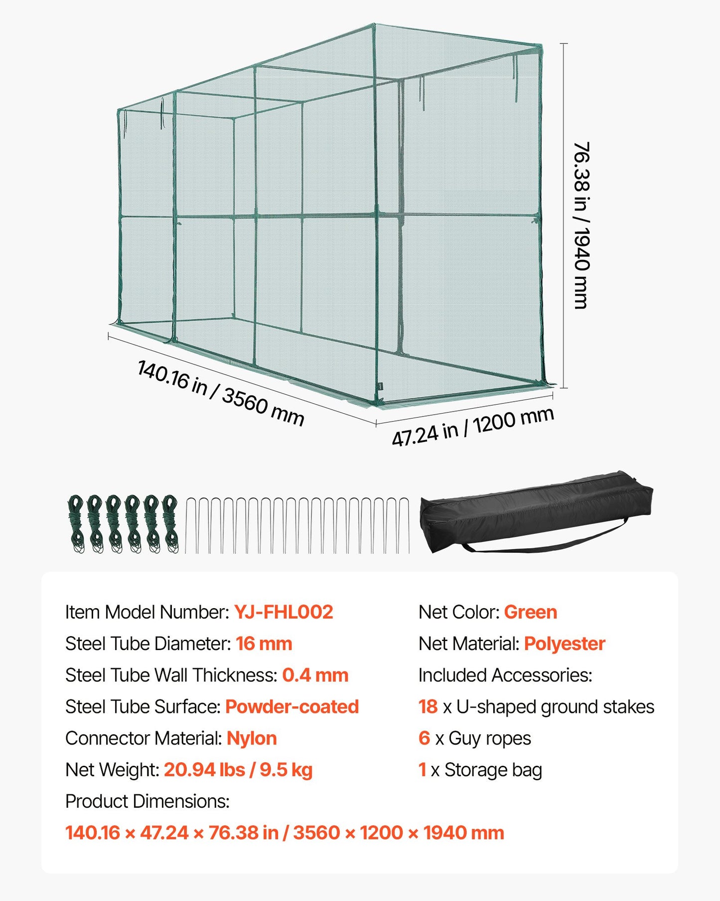 Crop Cage, 3.56 x 1.2 x 1.94 m Plant Protection Tent with Zippered Door, Wind-Resistant Tall Crop Cage, Easy to Install, Outdoor Raised Bed Cover, Tomato Plant Netting for Garden Patio Lawn
