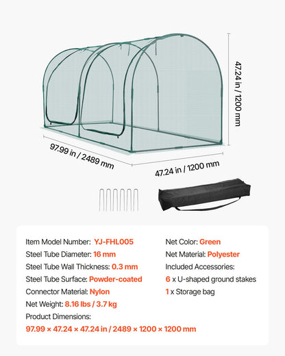 Crop Cage, 2.48 x 1.2 x 1.2 m Plant Protection Tent with Zippered Door, Wind-Resistant Tall Crop Cage, Easy to Install, Outdoor Raised Bed Cover with Frame, Plant Netting for Garden Patio Lawn