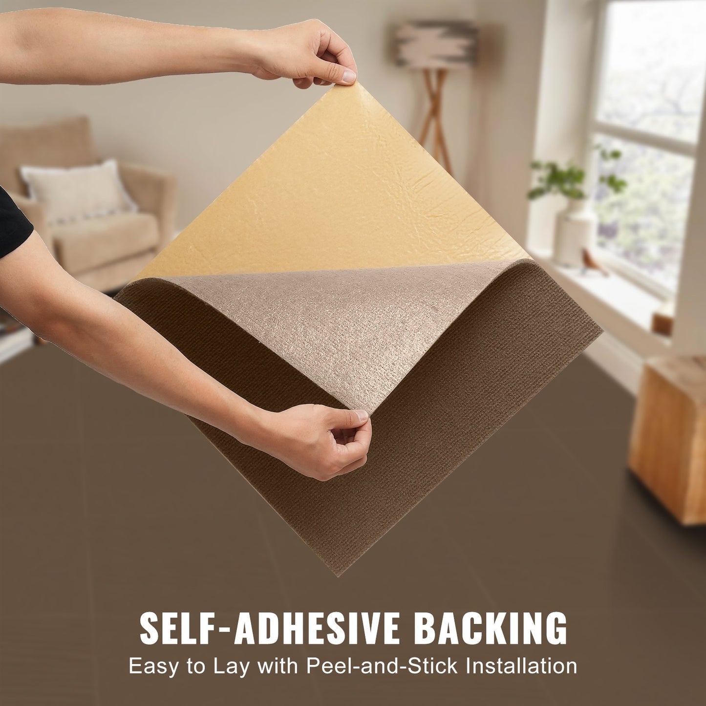 VEVOR Carpet Tiles Peel and Stick, Squares Self Adhesive Carpet Floor Tile, Soft Padded Carpet Tiles, Easy Install DIY for Bedroom Living Room Indoor Outdoor (10 Tiles, Dark Brown)