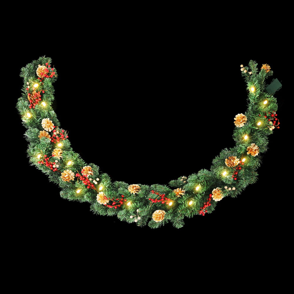 Jingle Jollys 1.8M Christmas Garland Pre-lit LED Pine Cones Berries Xmas Decor